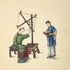 Two women making skein of silk at a spinning wheel