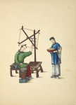 Two women making skein of silk at a spinning wheel