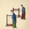 Two women threading silk from spindles onto larger spindle