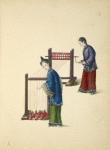 Two women threading silk from spindles onto larger spindle