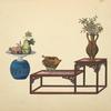 Urn with dish, bi-level table with vases
