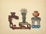 Multi-level table with vases, round table with vase