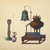 Large pottery container, vase, low table with lamp and large urn