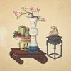 Low table with vase and dish, small table with sculpture