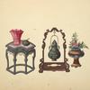 Semicircular table with vase and pot, hanging urn, vase