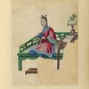 Woman seated on a large green bench, holding a small cloth