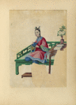 Woman seated on a large green bench, holding a small cloth