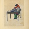 Woman seated at a table, sewing [?] a cloth