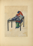 Woman seated at a table, sewing [?] a cloth
