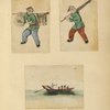 Man playing a drum ; Man carrying an umbrella ; Man on a barge