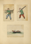 Man playing a drum ; Man carrying an umbrella ; Man on a barge