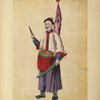 Man carrying sword, drum, and flowers
