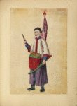 Man carrying sword, drum, and flowers