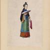 Woman holding a fan and a cloth.