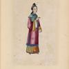 Woman wearing pink and gold traditional gown, holding a folded fan.