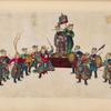 Large group, two figures wearing masks, one figure carrying a baby in a sling, two figures standing on platform at center.