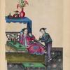 Woman reclining on large platform next to low table, smoking pipe; young girl attending her.