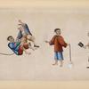 Four figures; one man beats another who is chained to a weight.