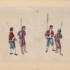 Two prisoners, bound hand and foot, are led by two guards.