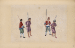 Two prisoners, bound hand and foot, are led by two guards.