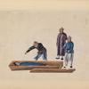Man is laid in coffin and pierced through the neck with a sword.