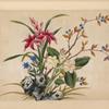 Pink, white, and blue flowers, branch with blue berries