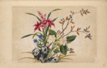 Pink, white, and blue flowers, branch with blue berries
