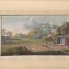 Rural landscape with house, mountains in background.