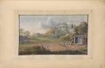 Rural landscape with house, mountains in background.