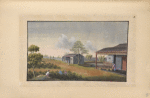 People working in tea field, woman with baskets at the house to the right.