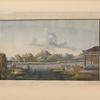 River and mountain scene with people loading flat boats from riverbank.