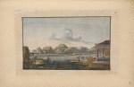 River and mountain scene with people loading flat boats from riverbank.