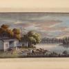 House on riverbank, two small boats on river.