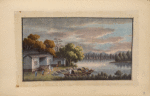 House on riverbank, two small boats on river.