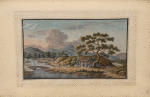 Small house under tree near river with stone bridge.