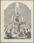 Design of large fountain with woman holding tall vase, two cranes, and four male sea gods blowing horns