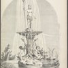 Design of fountain with man wearing crown and holding triton, and two children holding tritons and riding dolphins