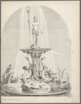 Design of fountain with man wearing crown and holding triton, and two children holding tritons and riding dolphins