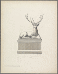 Stag in lying position on pedestal, one hoof forward