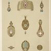 Nine designs for jewelry, including pointed gold bracelet with red stone and diamonds