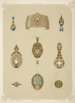 Nine designs for jewelry, including pointed gold bracelet with red stone and diamonds.