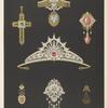 Seven designs for jewelry, including tiara with red stone