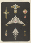 Seven designs for jewelry, including tiara with red stone.