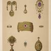 Nine designs for jewelry, including gold bracelet with red stone