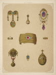 Nine designs for jewelry, including gold bracelet with red stone.