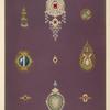 Nine designs for jewelry, including pin with diamonds and red stones