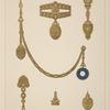 Six designs for jewelry, including gold and blue pendant watch