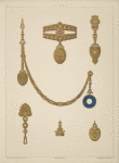 Six designs for jewelry, including gold and blue pendant watch.