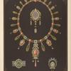 Four designs for jewelry, including large necklace with pink stones