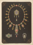 Four designs for jewelry, including large necklace with pink stones.